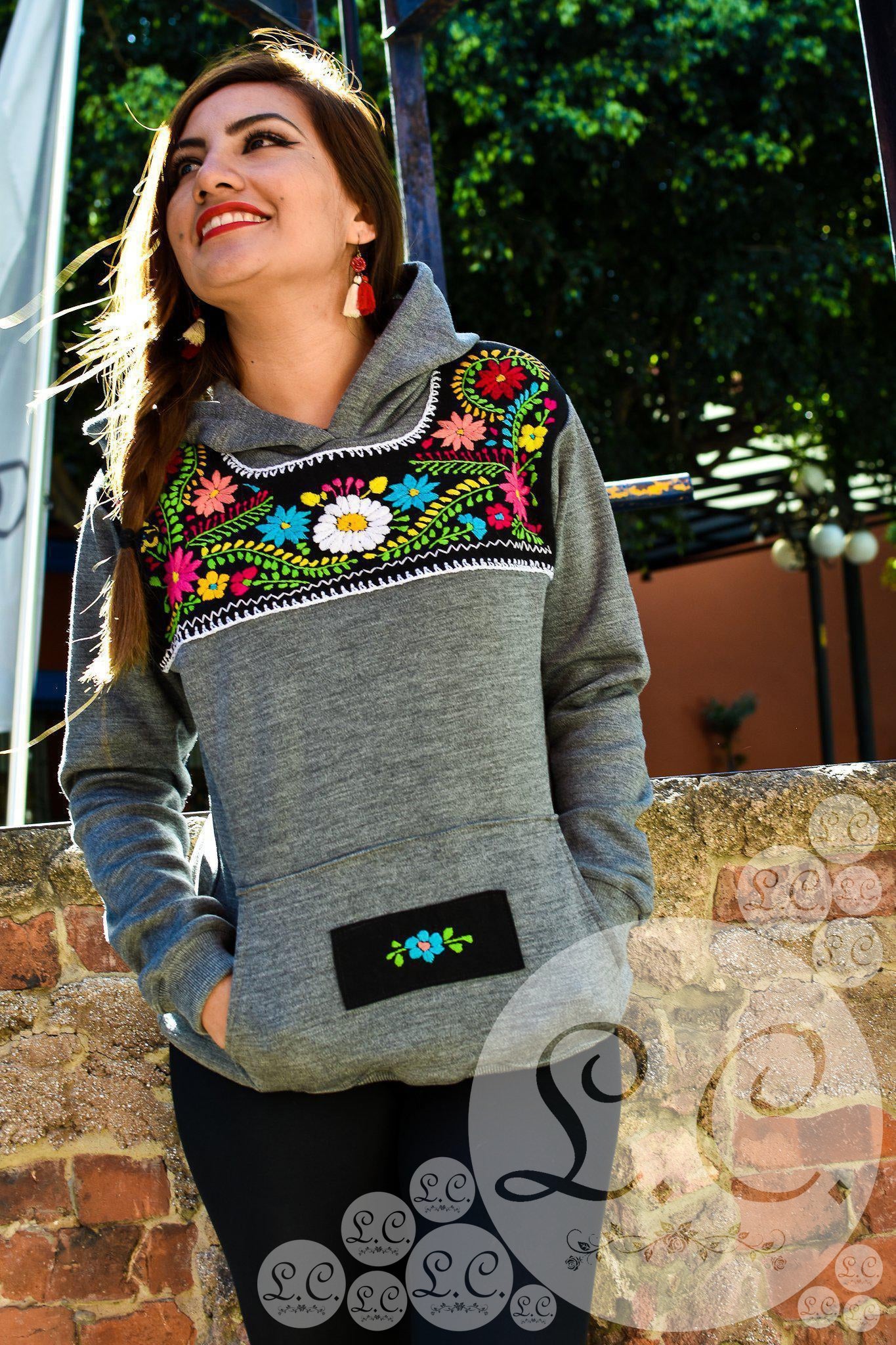 Grey Color Mexican Style Hoodie with Hand Embroidered detail