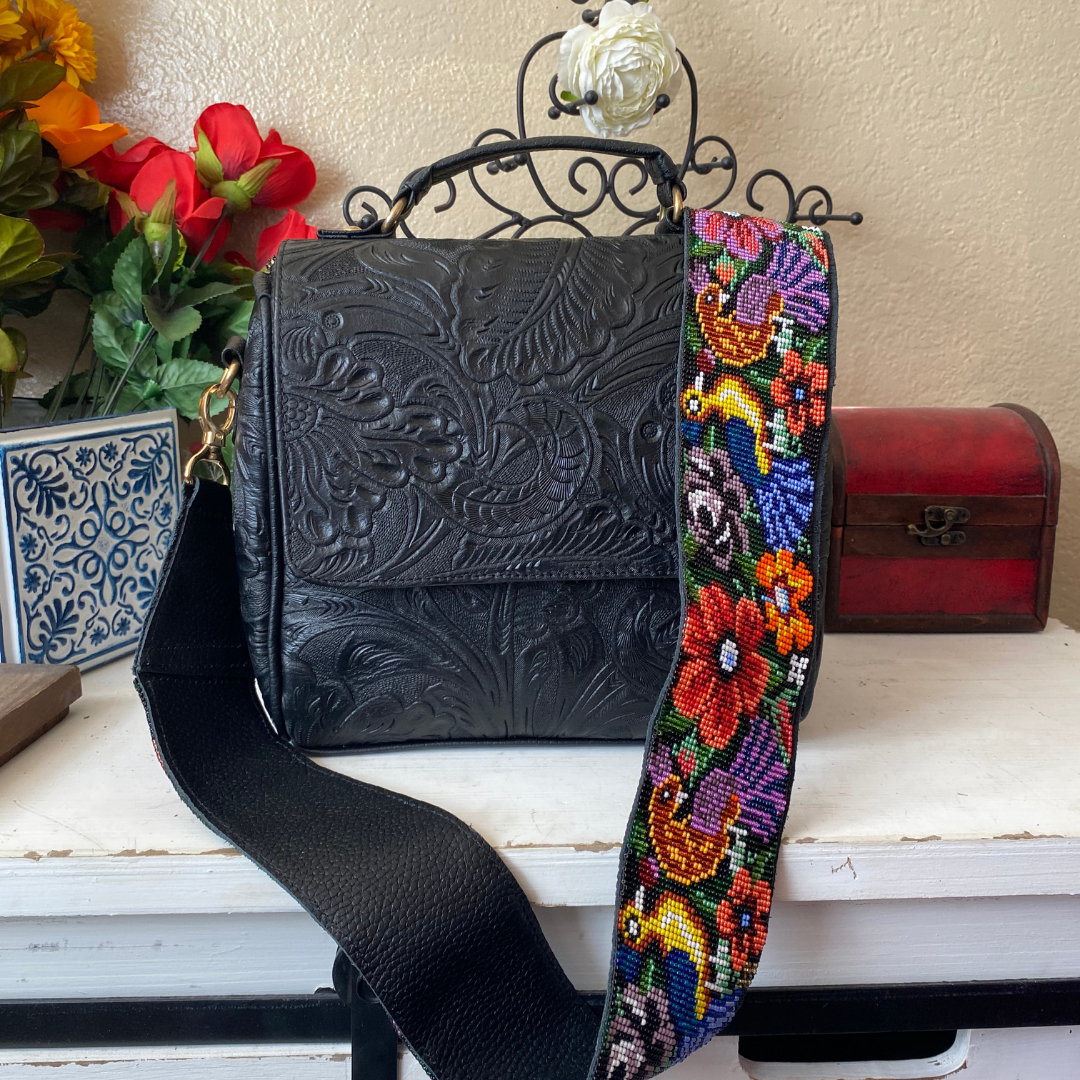 Black Mexican Artisan Tooled Leather Purse with Handmade Strap