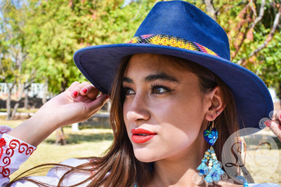Sombrero de Gamuza Azul Marino con Cinto Bordado de Chiapas-Accessories-Le Catrina