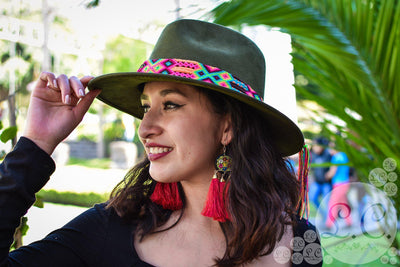 Sombrero de Gamuza Verde con Cinto Bordado de Chiapas-Accessories-Le Catrina