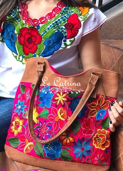 Faux Leather Embroidered Handbag Purse Ethnic Mexican Bolso - Le Catrina