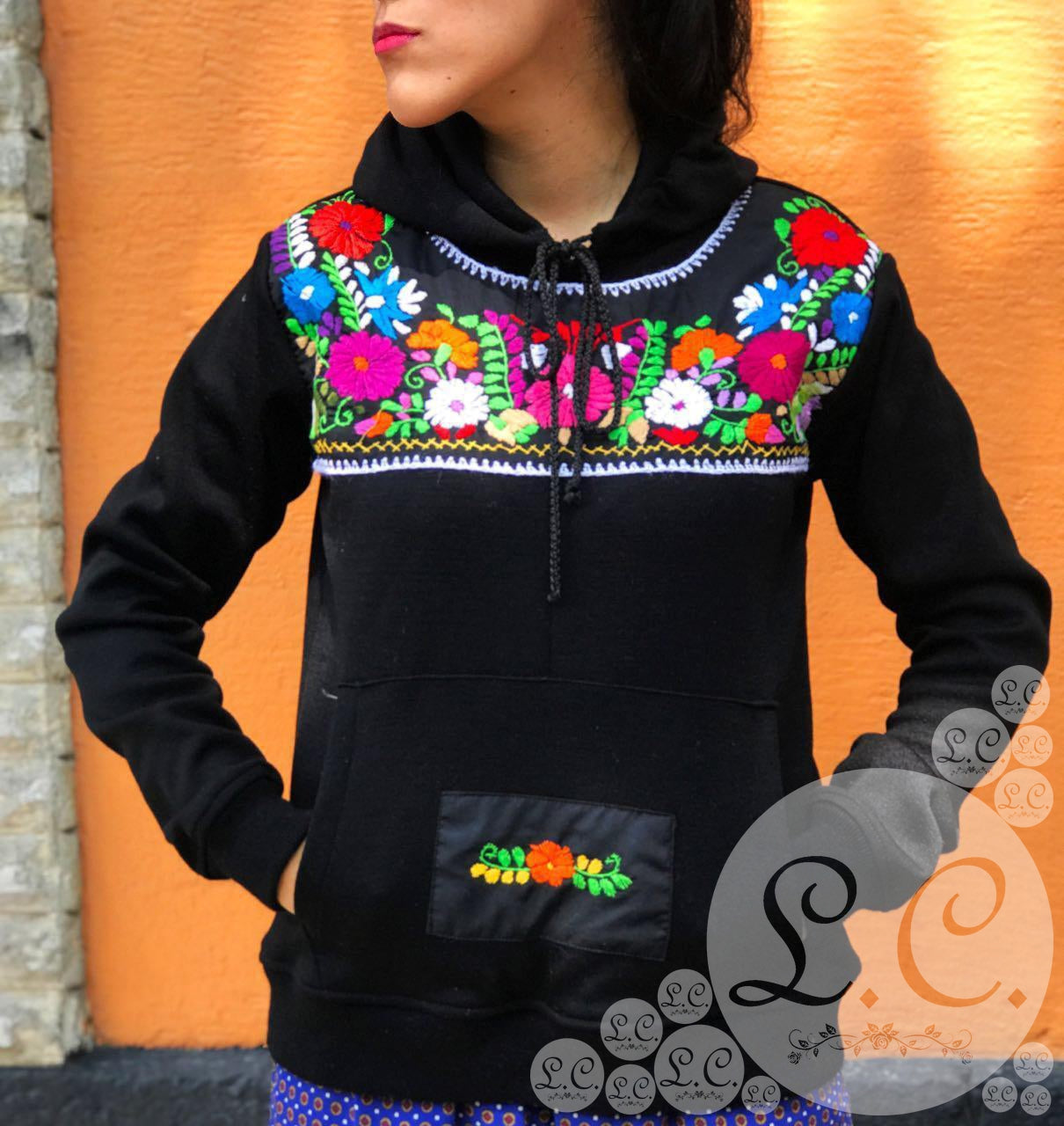 Black Mexican Style Hoodie with Hand Embroidered Detail Le Catrina